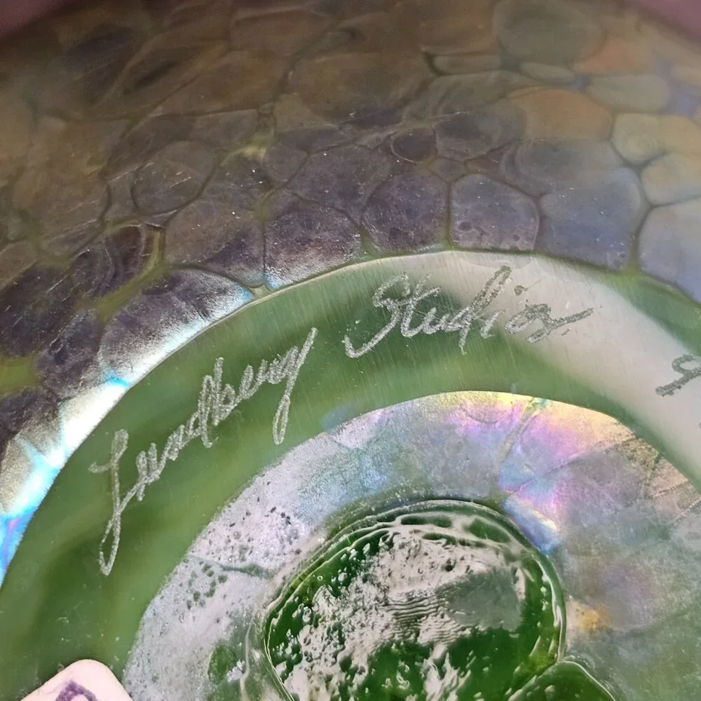 Vintage Lundberg Studios Signed Iridescent Studio Art Glass Vase 10” 1997